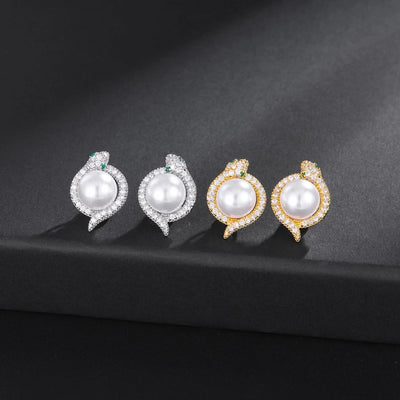 1 Pair Elegant Luxurious Shiny Snake Inlay Copper Artificial Pearls Zircon 18K Gold Plated White Gold Plated Ear Studs