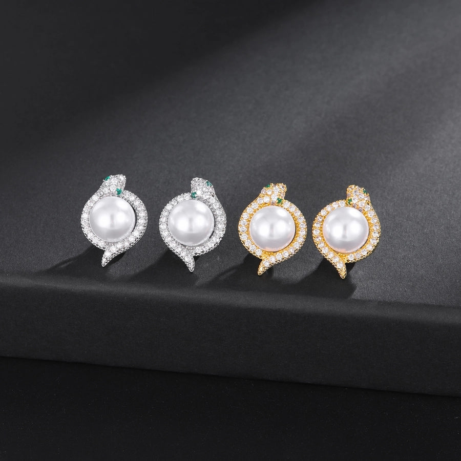 1 Pair Elegant Luxurious Shiny Snake Inlay Copper Artificial Pearls Zircon 18K Gold Plated White Gold Plated Ear Studs