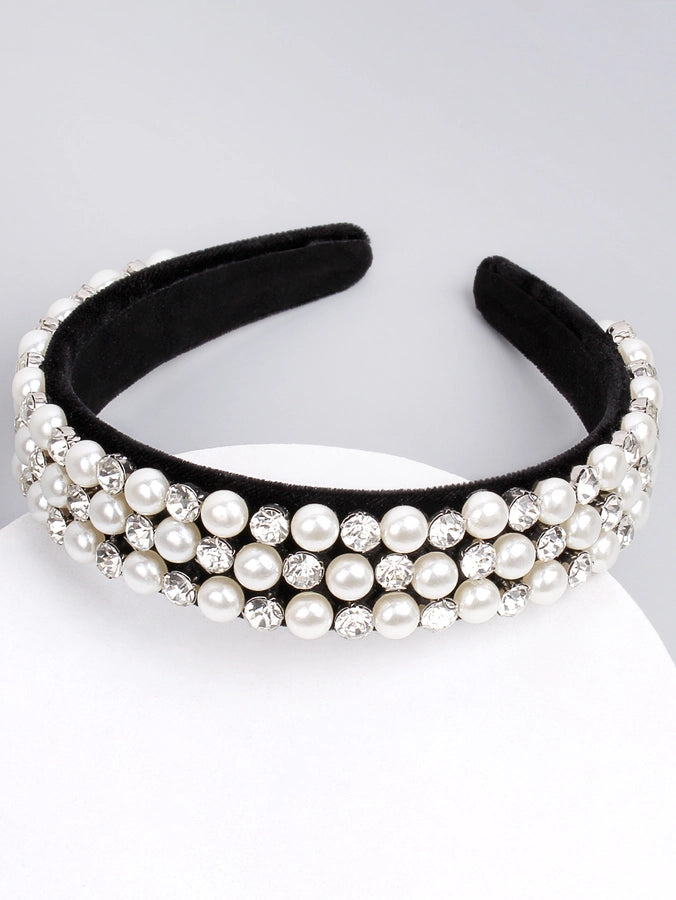 Women's Lady Geometric Artificial Pearl Cloth Rhinestone Hair Band