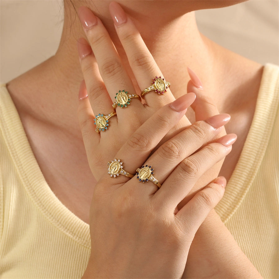Copper Inlay Human Geometric Virgin Mary Zircon Open Rings