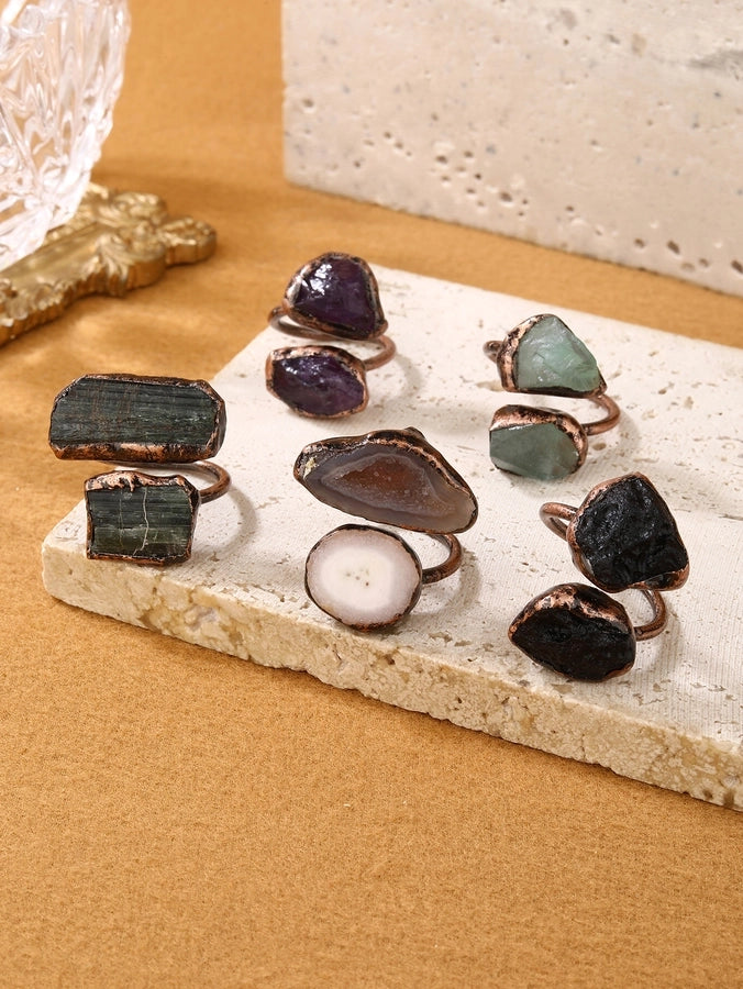 Gem Stone Copper Asymmetrical Inlay Geometric Gem Argyle Natural Stone Gem Crystal Open Rings