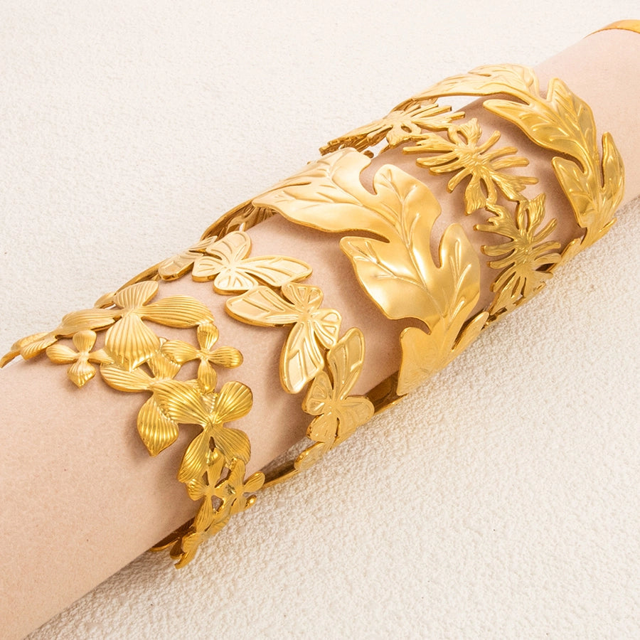 Casual Retro Leaves Flower 304 Stainless Steel Cuff Bracelets In Bulk