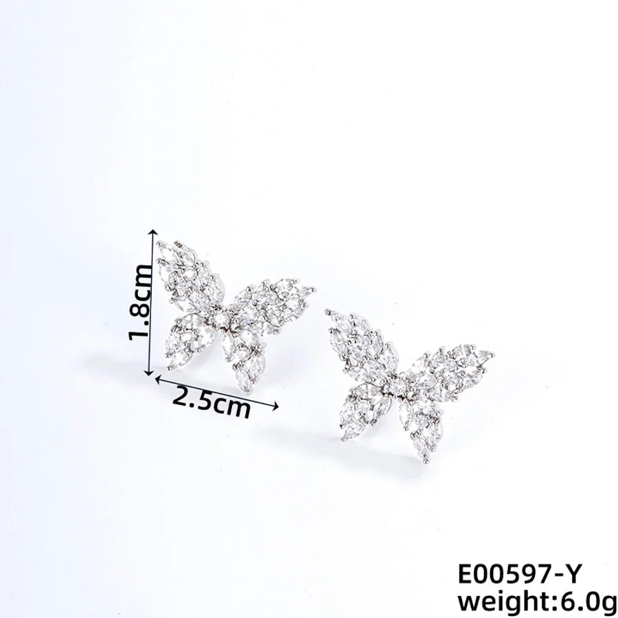 1 Pair Japanese Style Simple Style Shiny Butterfly Three-dimensional Inlay Copper Zircon K Gold Plated Ear Studs