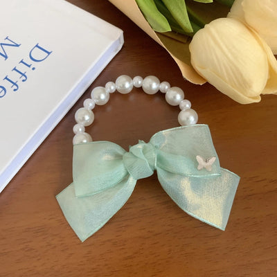 Women's Korean Style IG Style Bow Knot Imitation Pearl Gauze Beaded Hair Tie