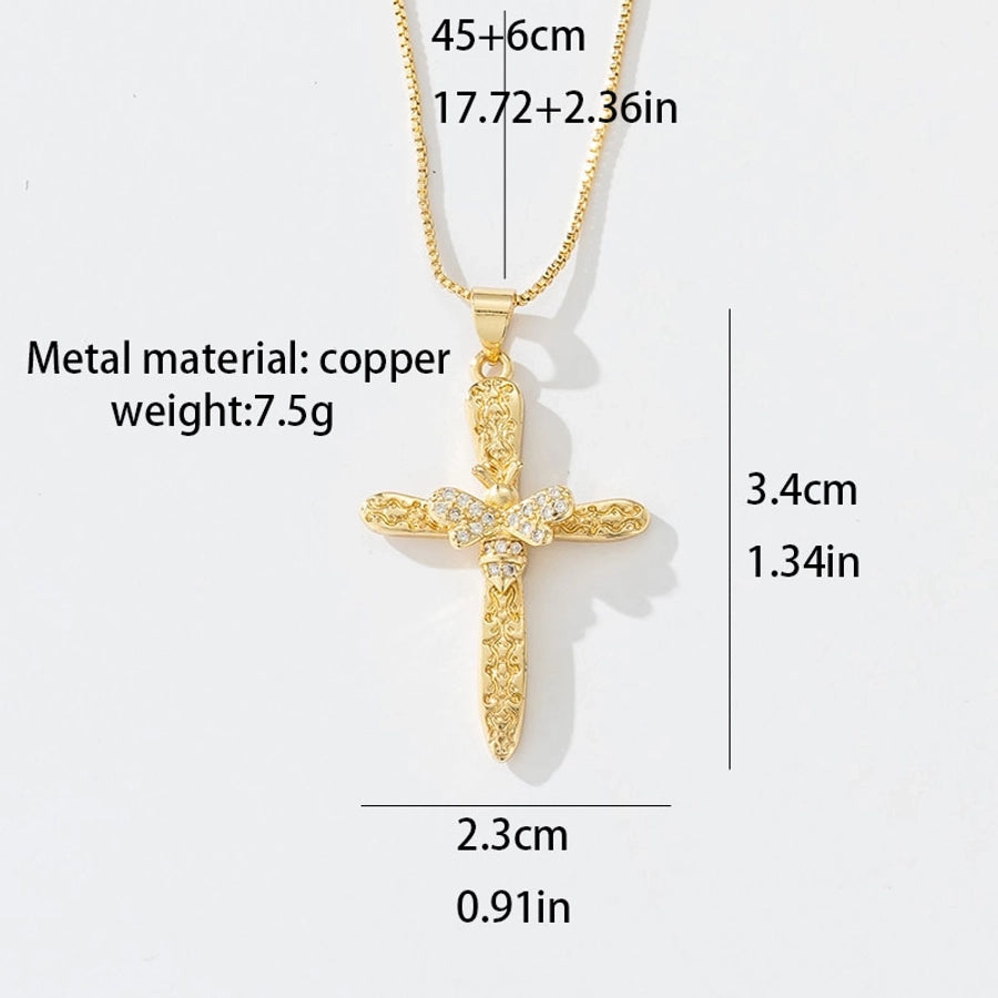 Copper box chain 18K Gold Plated Inlay Carving Cross Butterfly Zircon Pendant Necklace