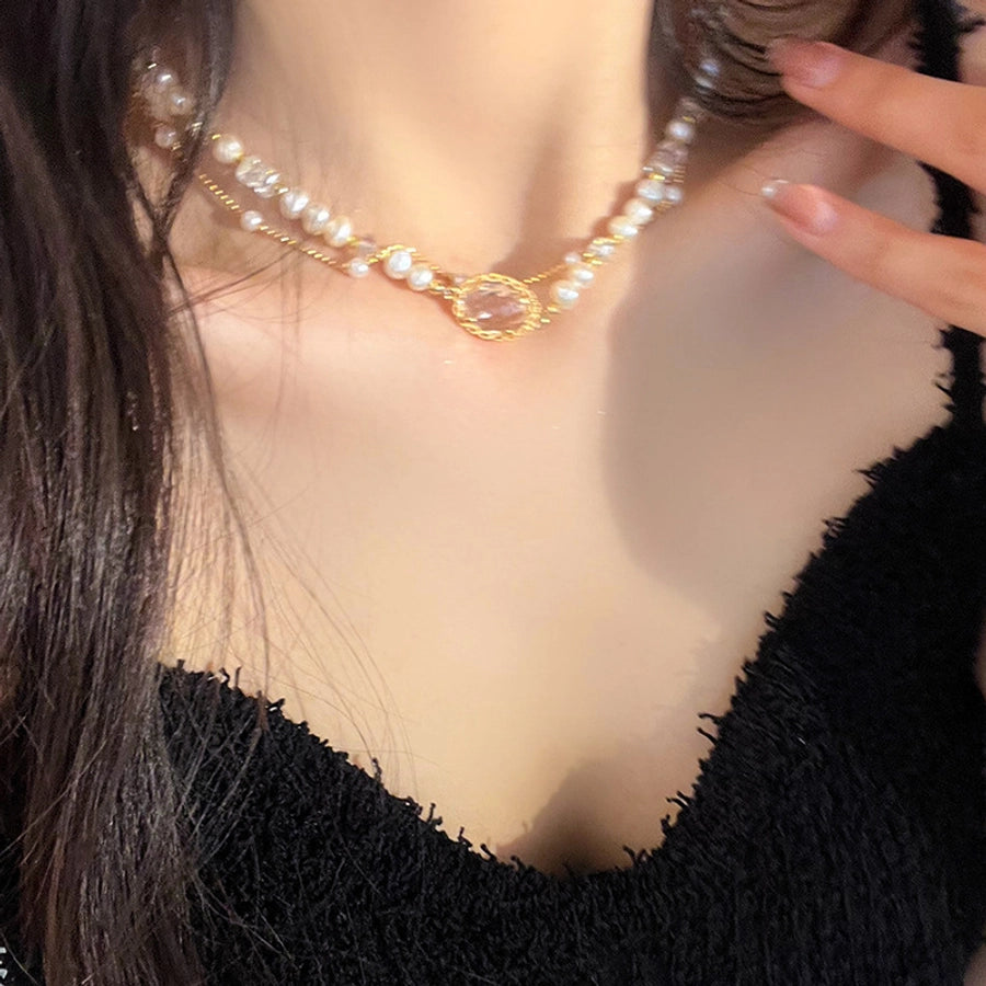 Simple Style Classic Style Round Artificial Crystal Imitation Pearl  Layered Necklaces