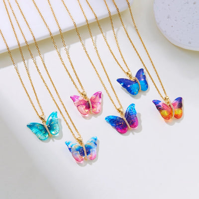 Jewelry Elegant Cute Classic Style Butterfly 201 Stainless Steel Resin Copper Zircon Inlay Pendant Necklace