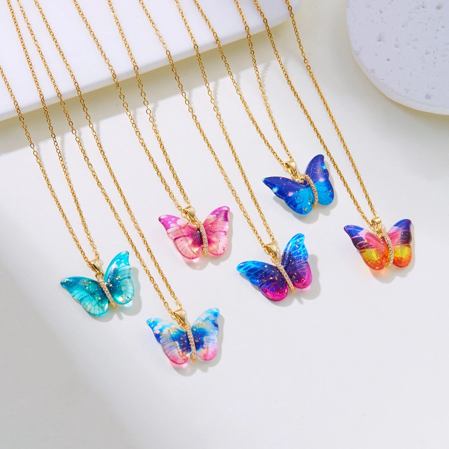 Jewelry Elegant Cute Classic Style Butterfly 201 Stainless Steel Resin Copper Zircon Inlay Pendant Necklace