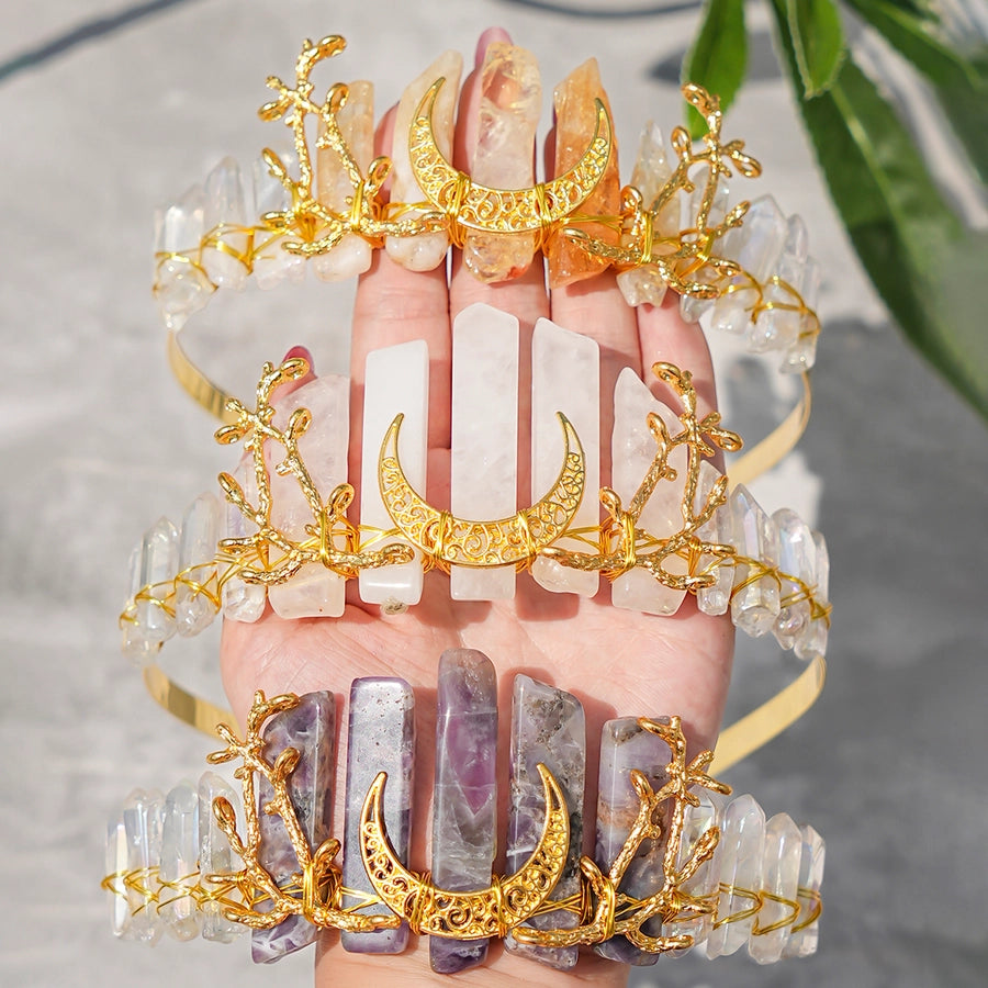 Women's Luxurious Queen Bridal Moon Alloy Knitting Natural Stone Hair Band