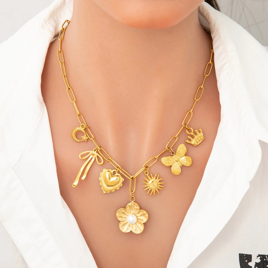 Jewelry Elegant Classic Style Heart Shape Flower 304 Stainless Steel Plating Multi Charms Necklace