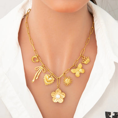 Jewelry Elegant Classic Style Heart Shape Flower 304 Stainless Steel Plating Multi Charms Necklace