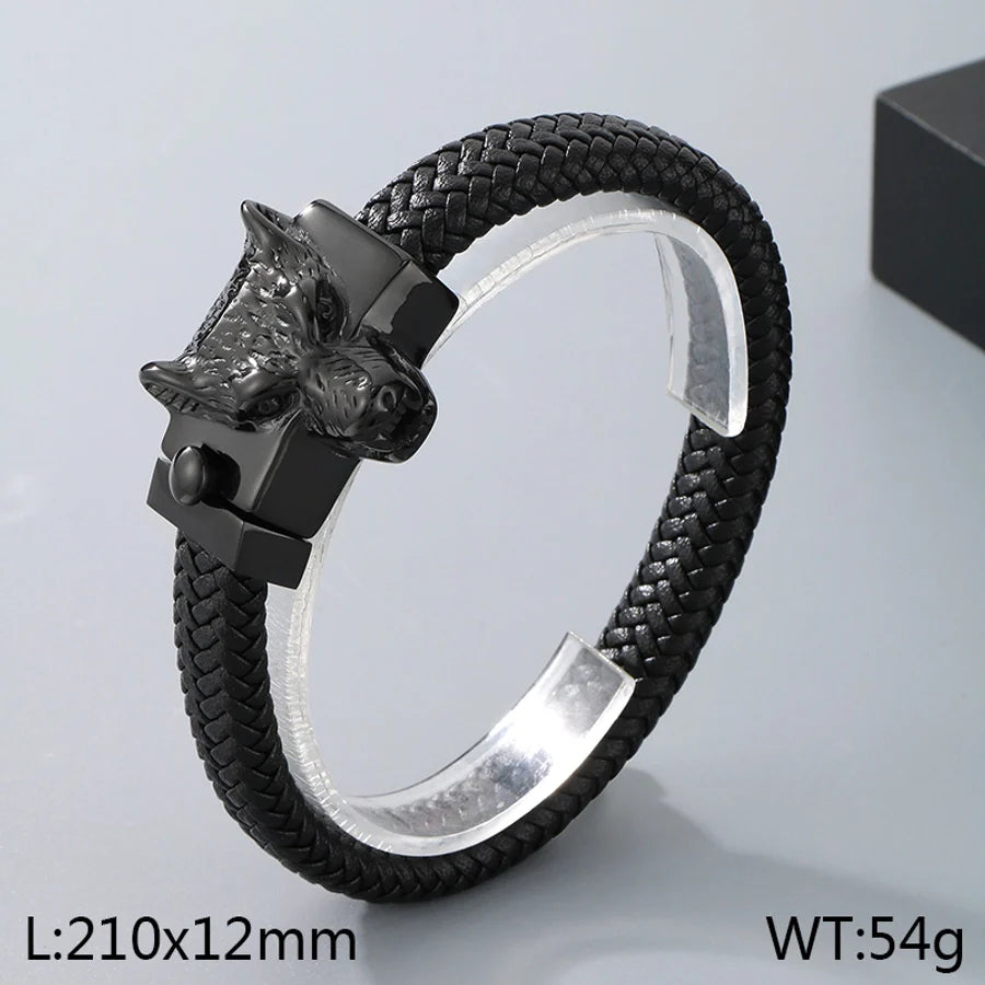 Business Lion's head Wolf Head Skull 304 Stainless Steel Leather 18K Gold Plated Men's Bracelets