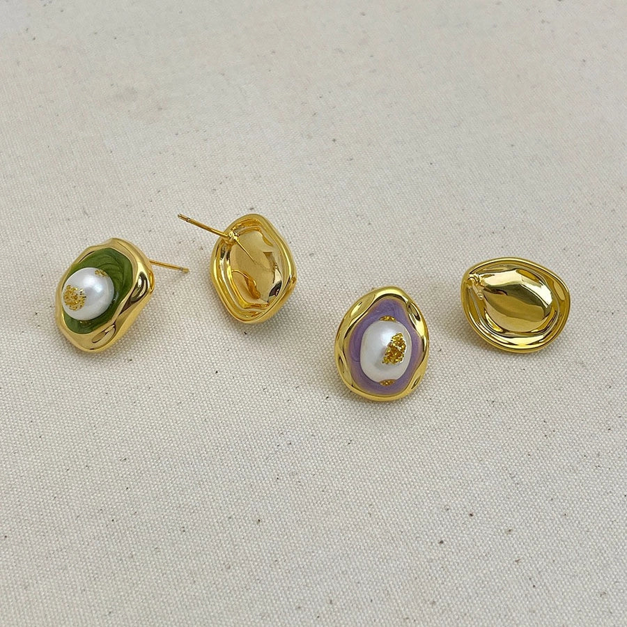 1 Pair Retro Baroque Style Geometric Inlay Copper Freshwater Pearl 18K Gold Plated Ear Studs