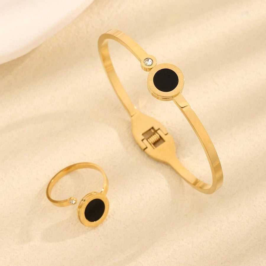 Jewelry Vintage Style Simple Style Roman Style Round Roman Numeral 304 Stainless Steel Shell Zircon Inlay Rings Bracelets