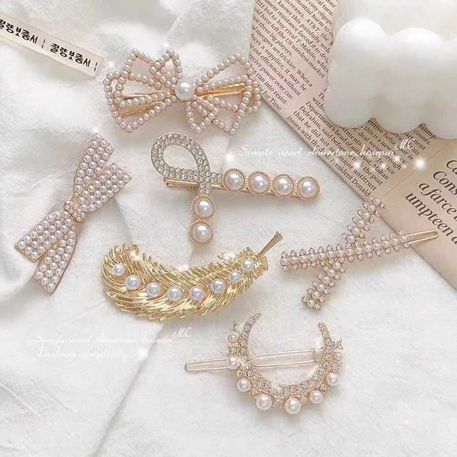 fashion leaf moon bow knot imitation pearl alloy rhinestone hair clip 1 piece