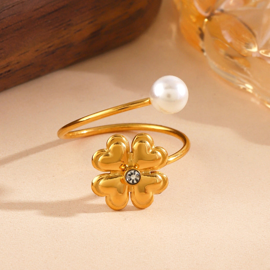 Jewelry IG Style Sweet Four Leaf Clover 304 Stainless Steel Pearl Zircon Inlay Open Rings