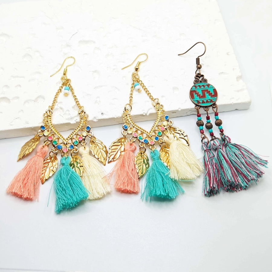 1 Pair Retro Tropical Geometric Round Leaves Tassel Plating Braid 304 Stainless Steel Feather 18K Gold Plated Drop Earrings