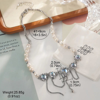 Alloy Copper White Gold Plated Four Eight-Pointed Stars Glass Pearl Zircon Necklace