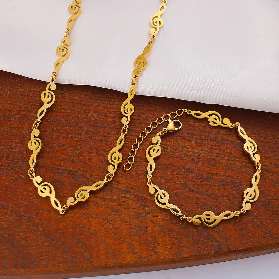Jewelry IG Style Music Symbol Fish Bone 304 Stainless Steel 18K Gold Plated Bracelets Necklace