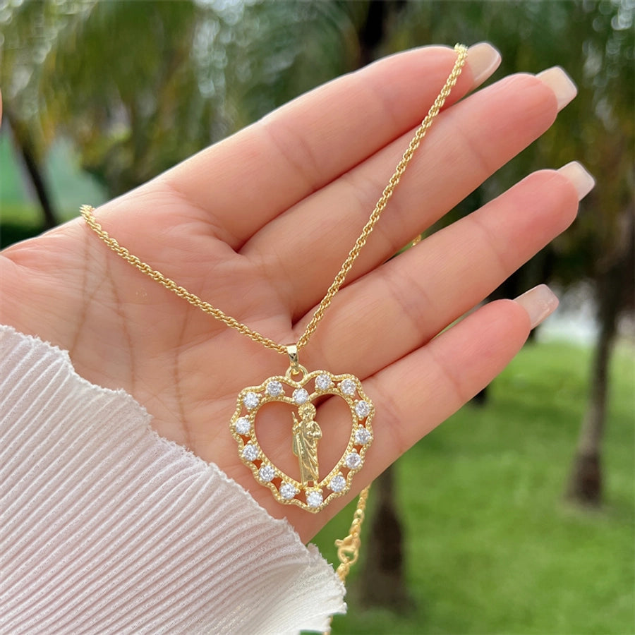 Copper 18K Gold Plated Inlay Human Virgin Mary Heart Shape Artificial Pearls Zircon Pendant Necklace