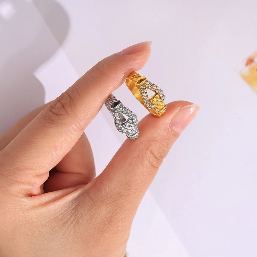 Jewelry Luxurious Modern Style U Shape Titanium Steel Zircon 18K Gold Plated Inlay Rings