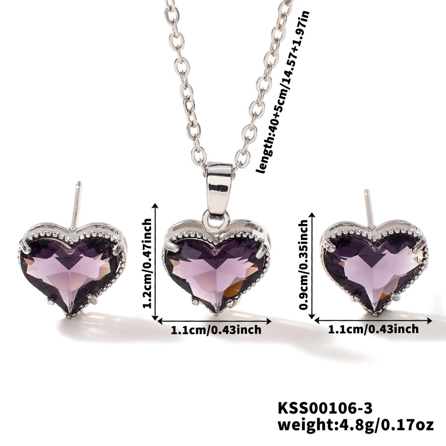 Copper Rhodium Plated Inlay Heart Shape Glass Jewelry Set