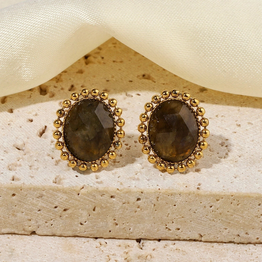 One Pack and Two Pairs Retro French Style Geometric Plating Titanium Steel Natural Stone 14K Gold Plated Ear Studs