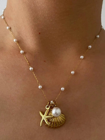 Jewelry Retro Marine Style Beach Starfish Shell 316L Stainless Steel  18K Gold Plated Pendant Necklace