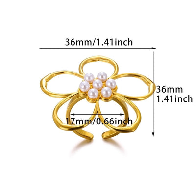 Jewelry Casual Vintage Style Streetwear Flower 304 Stainless Steel Artificial Pearls 18K Gold Plated Inlay Open Rings