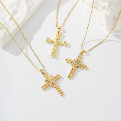 Copper box chain 18K Gold Plated Inlay Carving Cross Butterfly Zircon Pendant Necklace