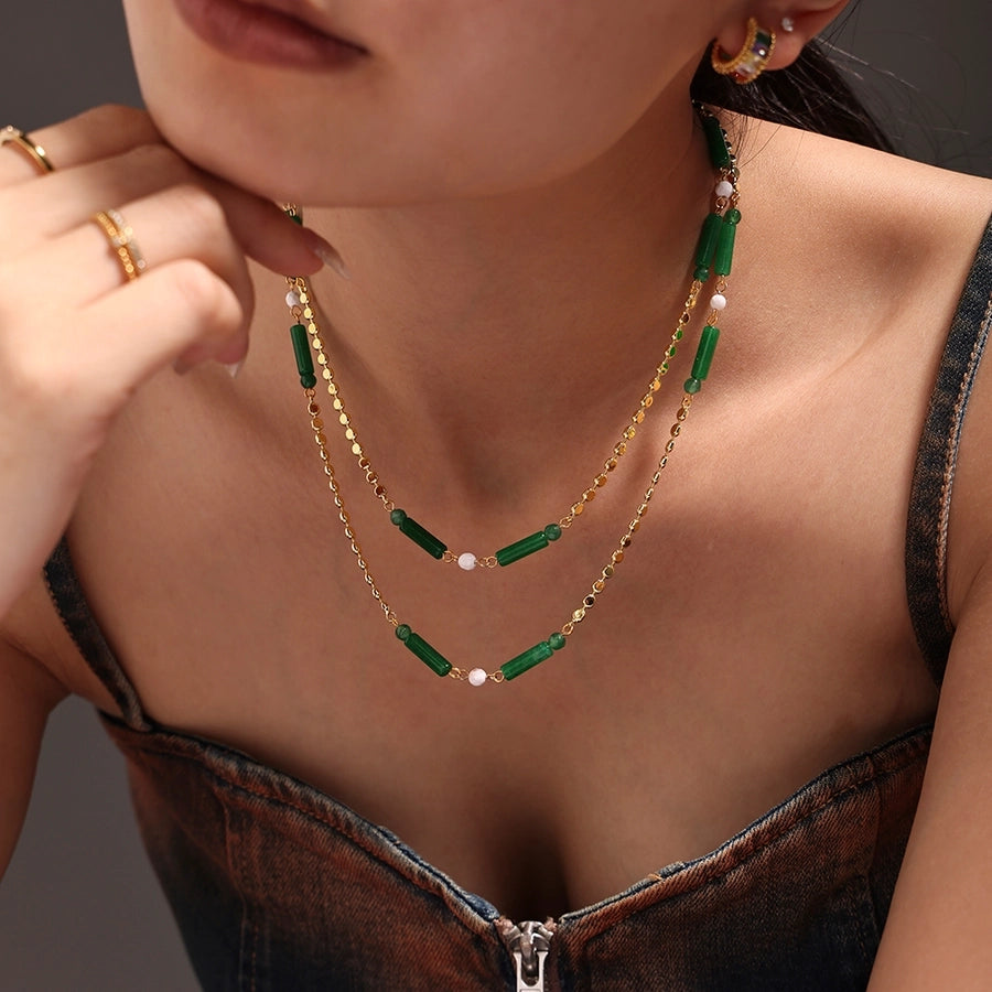 Jewelry Elegant Vacation chain 304 Stainless Steel Aventurine 18K Gold Plated Beaded Necklace