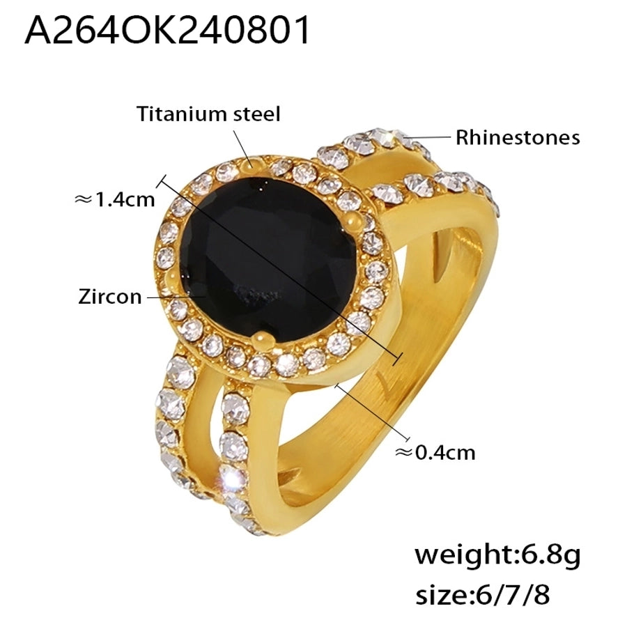 Jewelry Vintage Style Geometric Oval Titanium Steel Zircon 18K Gold Plated Inlay Rings