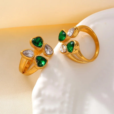 Jewelry Vacation Artistic Shiny Water Droplets Heart Shape 304 Stainless Steel Zircon 18K Gold Plated Inlay Rings