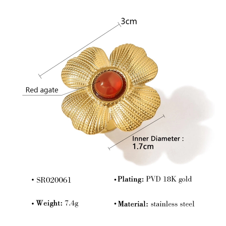 Jewelry Elegant Retro French Style Flower 304 Stainless Steel Natural Stone 18K Gold Plated Inlay Open Rings