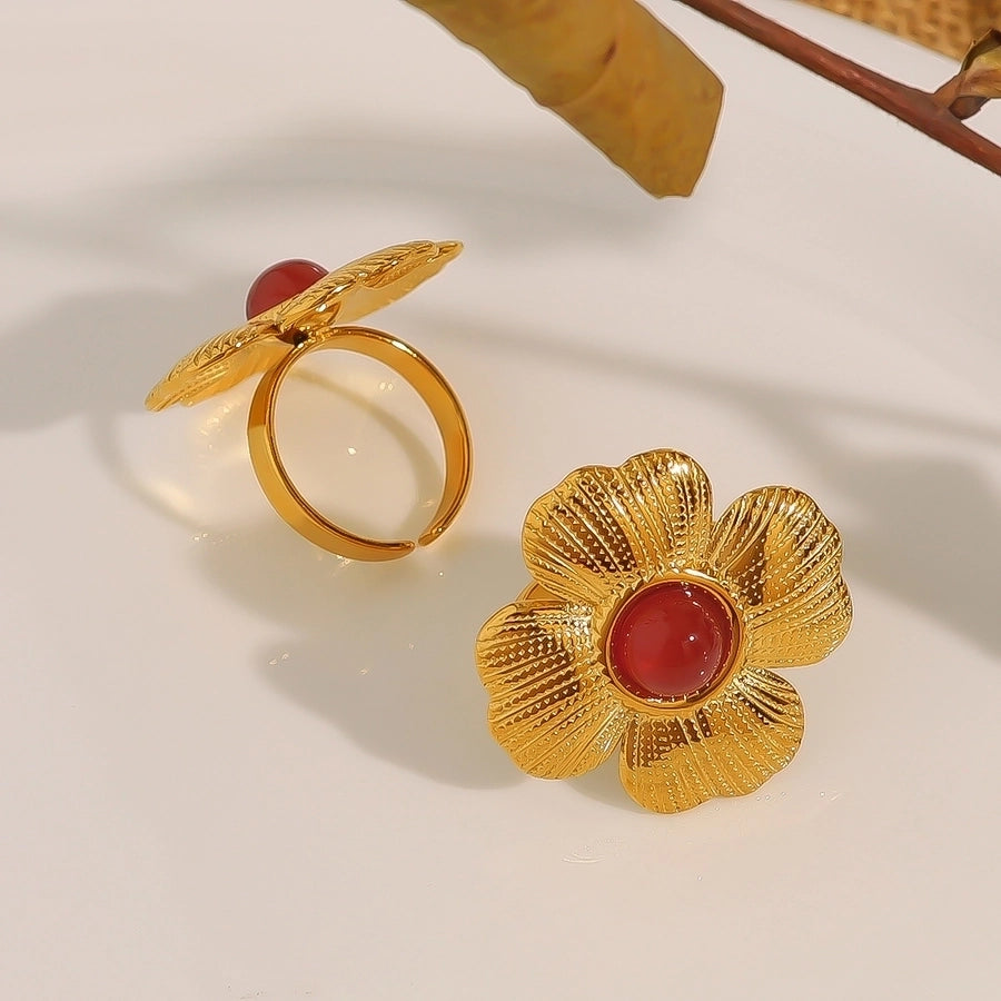 Jewelry Elegant Retro French Style Flower 304 Stainless Steel Natural Stone 18K Gold Plated Inlay Open Rings