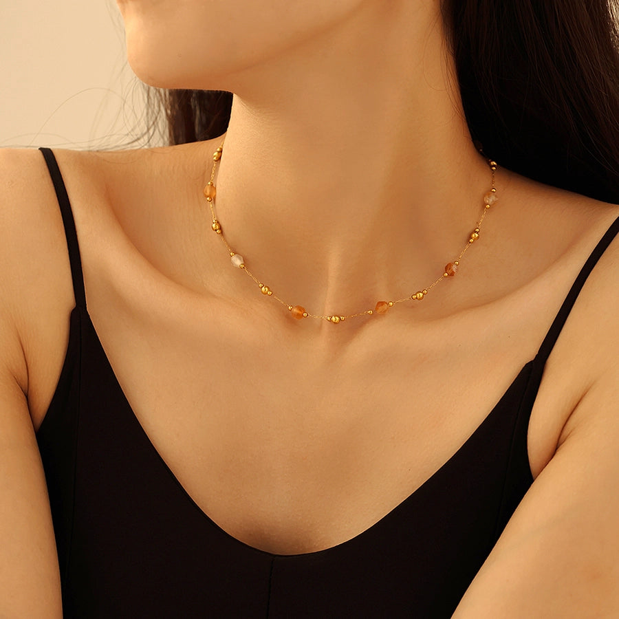 Europe and America  Fashion Natural Stone Golden Balls Beaded Necklace Temperamental Bracelet Stainless Steel Handmade Chain Jewelry Suit