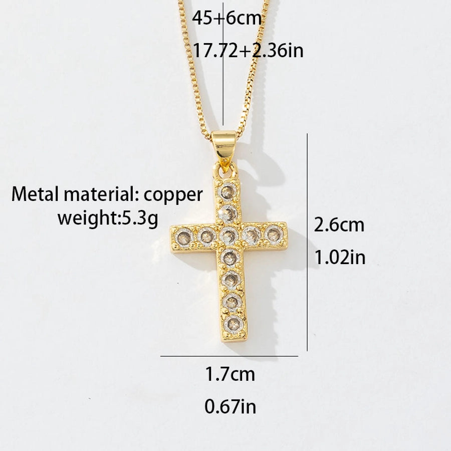 Copper box chain 18K Gold Plated Inlay Carving Cross Zircon Pendant Necklace