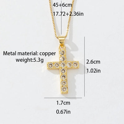Copper box chain 18K Gold Plated Inlay Carving Cross Zircon Pendant Necklace