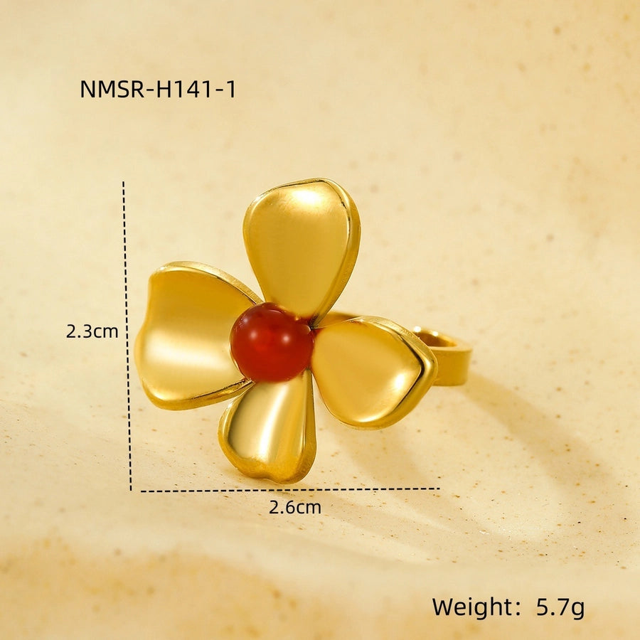 Jewelry Elegant Retro Flower 304 Stainless Steel Natural Stone Pearl Inlay Open Rings