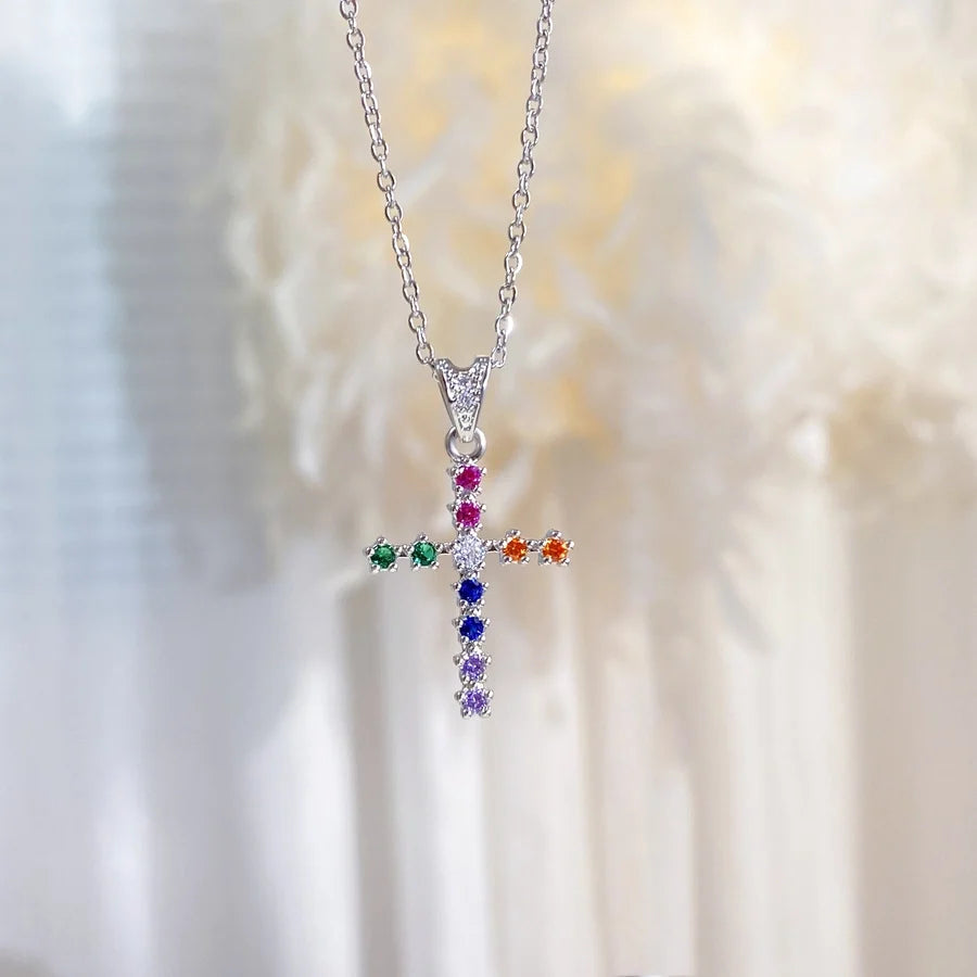 Copper cable chain Plating Cross Zircon Pendant Necklace