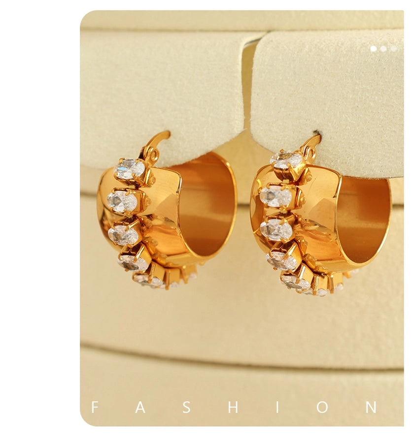 1 Pair Elegant Retro French Style C Shape Semicircle Polishing Plating Inlay 304 Stainless Steel Zircon 18K Gold Plated Earrings