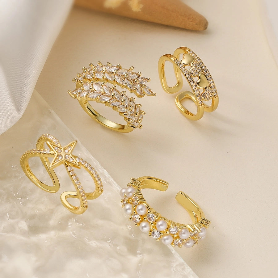 Copper Plating Inlay Geometric Star Heart Shape Zircon Open Rings