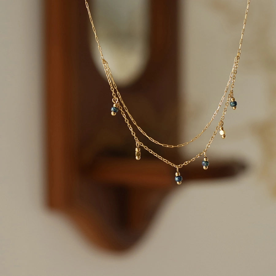 Jewelry Vintage Style Geometric 304 Stainless Steel natural stone 18K Gold Plated Beaded Plating Double Layer Necklaces