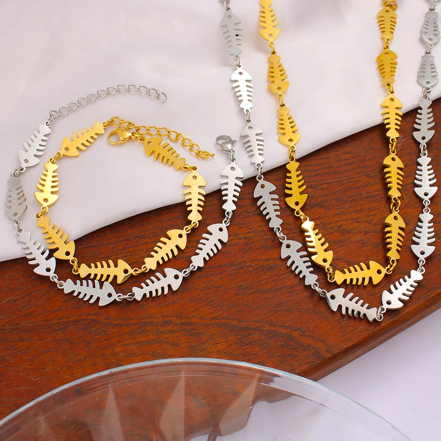 Jewelry IG Style Music Symbol Fish Bone 304 Stainless Steel 18K Gold Plated Bracelets Necklace