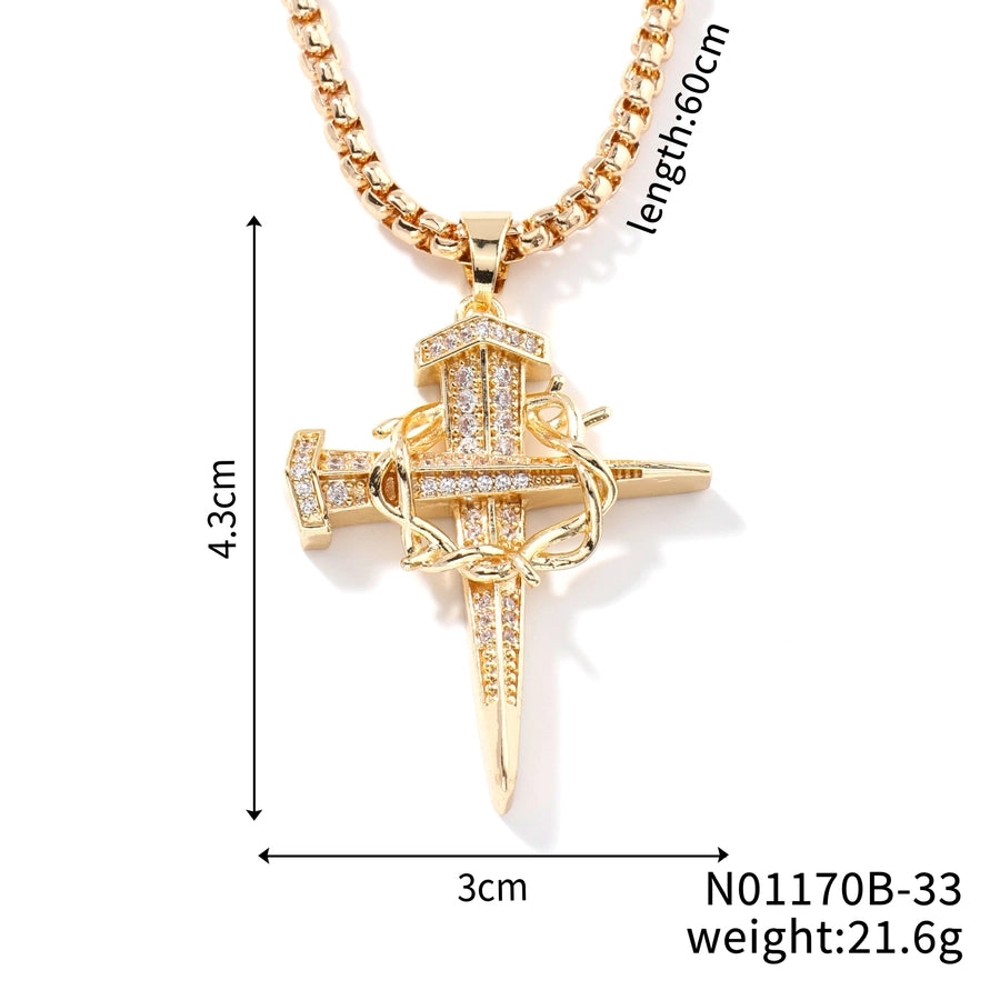 Hip-Hop Rock Shiny Cross Wings 304 Stainless Steel Copper Zircon K Gold Plated Rhodium Plated Unisex Pendant Necklace