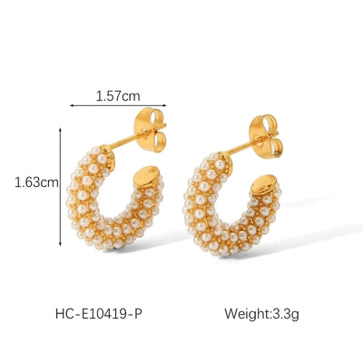 1 Piece IG Style C Shape Plating Inlay 304 Stainless Steel Rhinestones Pearl 18K Gold Plated Ear Studs