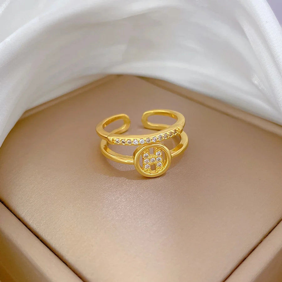 Brass Gold Plated Geometric Letter Zircon Brass Rings
