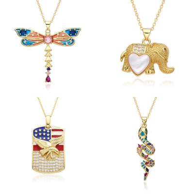 Copper Inlay Snake Dragonfly Zircon Pendant Necklace