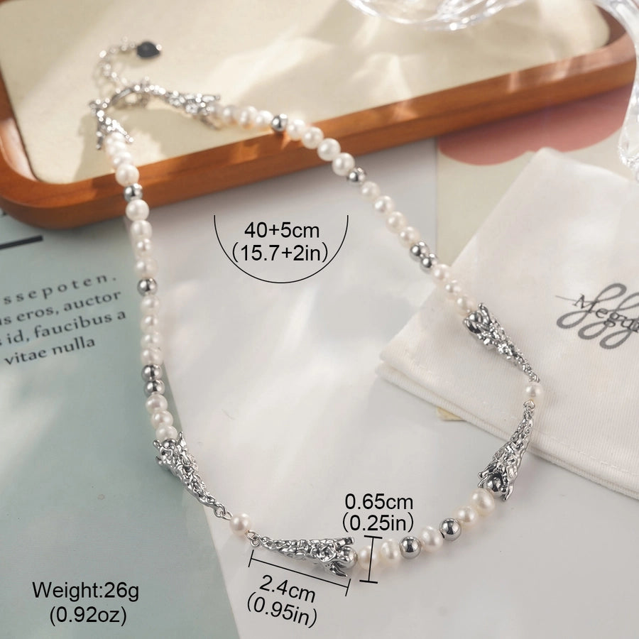 Alloy Copper White Gold Plated Four Eight-Pointed Stars Glass Pearl Zircon Necklace