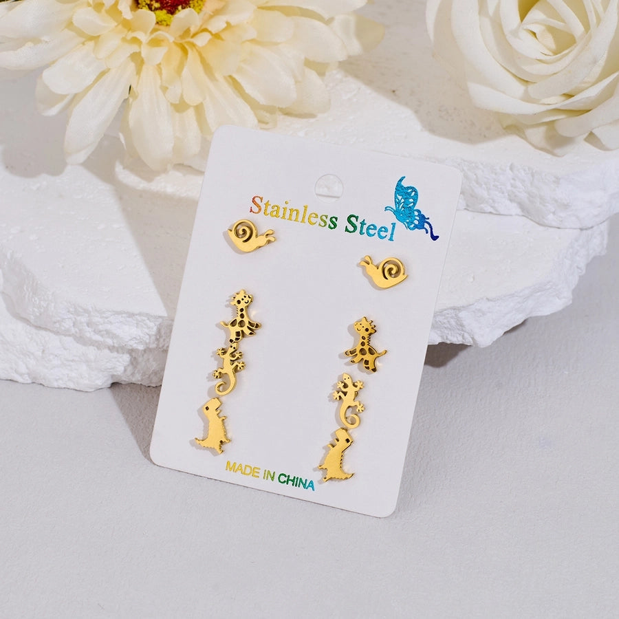 4 Pairs Cute Sweet Commute Animal Dinosaur Deer Polishing Hollow Out 304 Stainless Steel 18K Gold Plated Ear Studs